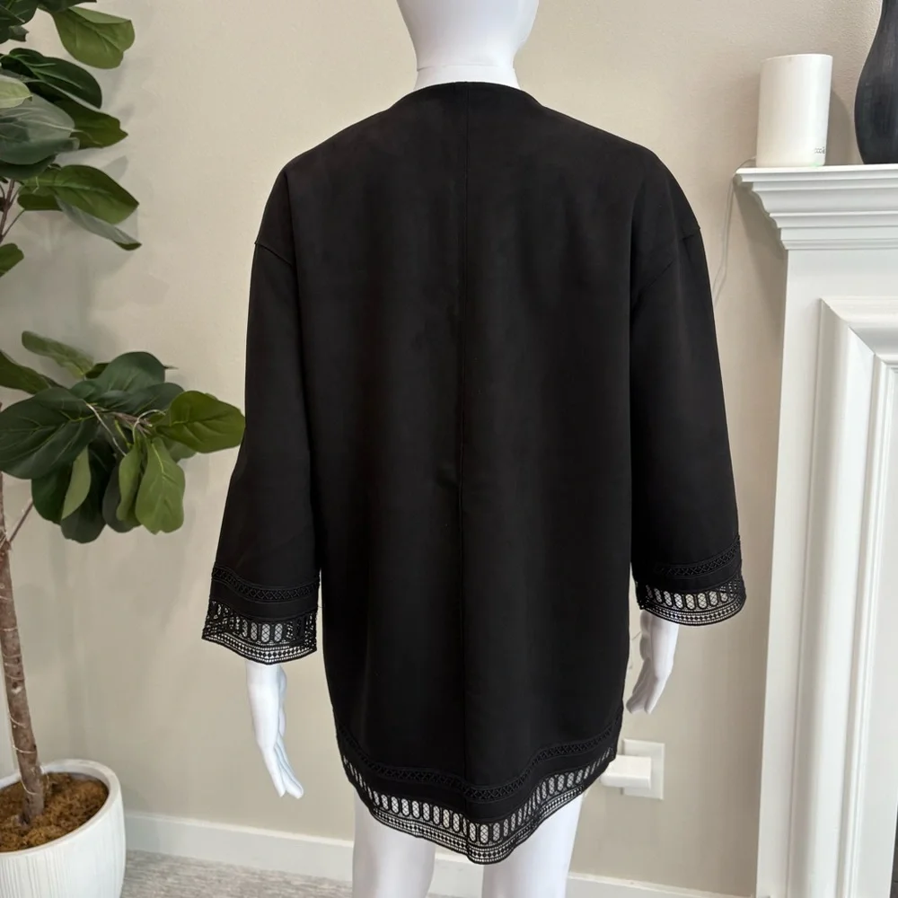 NWT Zara Black Faux Suede Oversized Open Jacket Womens Size XS Crochet Lace Trim